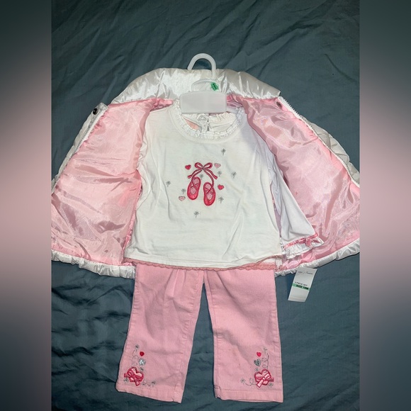 3 pc toddler girl ballerina set w/ puffer coat, fancy top, and embroidered pants - Picture 2 of 9
